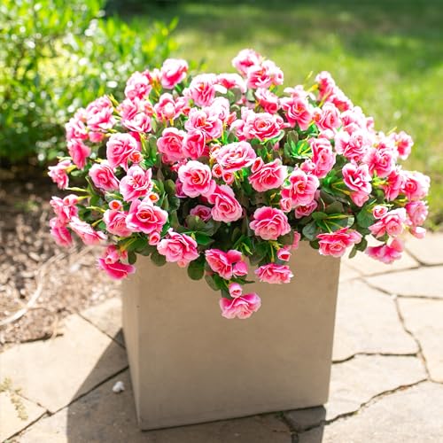 HyeFlora Artificial Faux Outdoor Flowers Plants for Spring Summer Decoration, Fake Silk Camellia UV Resistant Look Real for Planter Outside Front Door Porch Patio Balcony, 3 Large Bundles - Image 2
