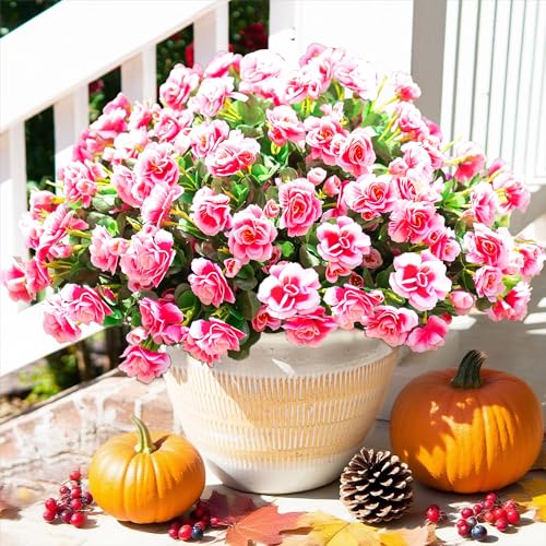 HyeFlora Artificial Faux Outdoor Flowers Plants for Spring Summer Decoration, Fake Silk Camellia UV Resistant Look Real for Planter Outside Front Door Porch Patio Balcony, 3 Large Bundles - Image 1