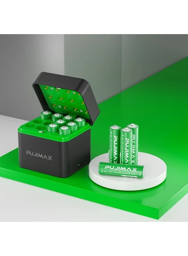 Pujimax 12 Slot AA Rechargeable Lithium Battery Charger Case With 12pcs 4255mWh High Capacity Batteries Black - Image 1