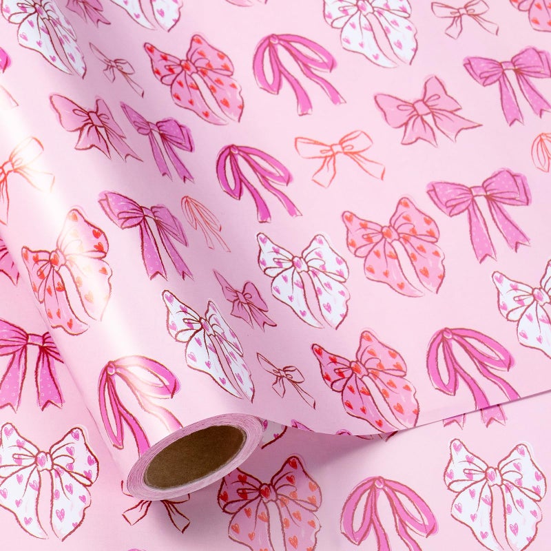 LeZakaa Pink Bow Wrapping Paper Roll for Girls Women, Cute Bows Design Gift Wrap Paper for Baby Shower, Birthday, Wedding, Holiday Party, Valentines, Anniversary, 17 inches x 32.8 Feet - Image 1