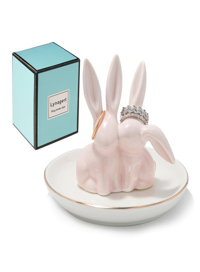 Lynagert Bunny Ring Holder - Ceramic Jewelry Dish for Rings, Earrings, Necklace Organizer - Rabbit Trinket Tray, Wedding Engagement Holder (Pink) - Image 1