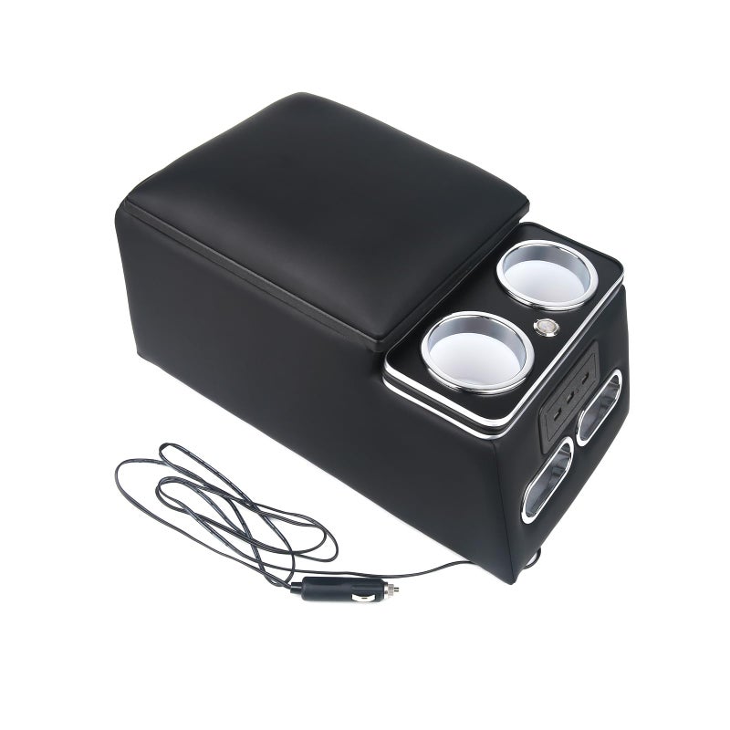 MR HELLO Black Universal Truck Seat Organizer with LED Light USB Port Cup Holders and Armrest  Center Console Storage Box for Bench Seat