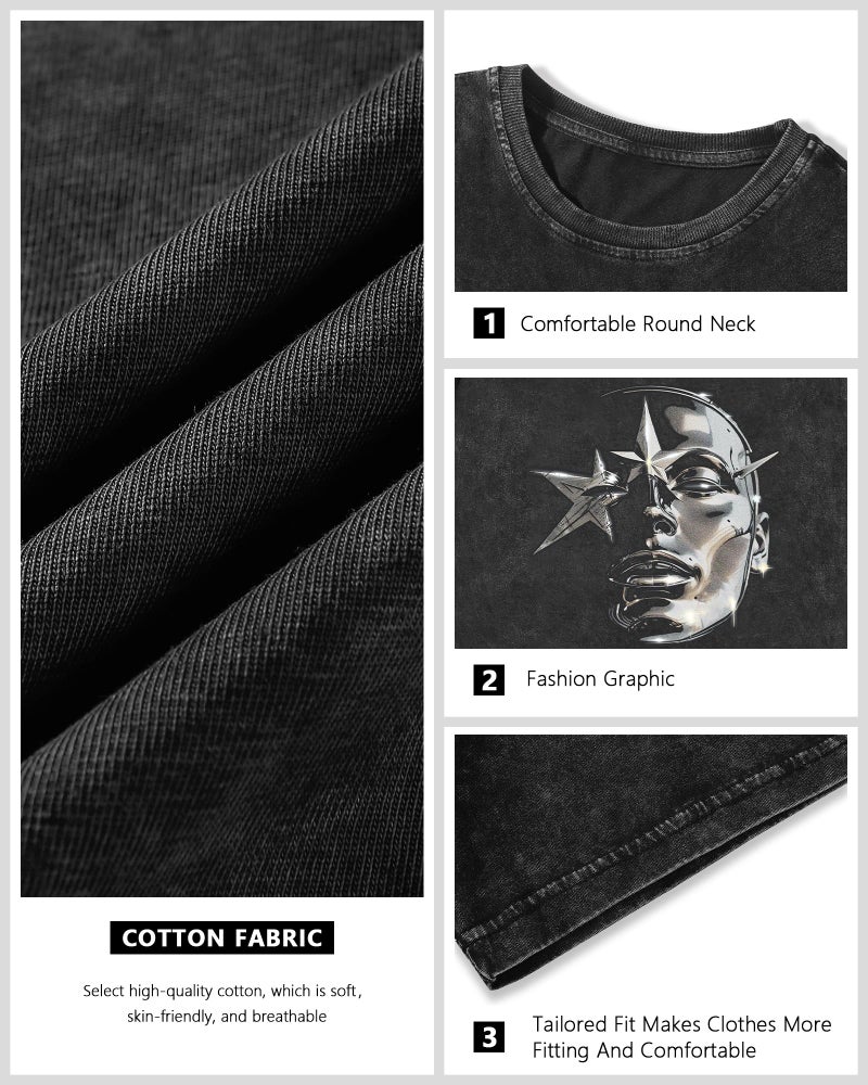 AugYew Men's Graphic Tees Shirt Unisex Cotton Oversized T-Shirt Short Sleeve Vintage Streetwear Casual Tee Top Men,BK,M - Image 4
