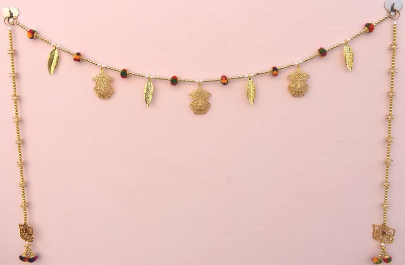 CREYENTESThoran For Entrance Door Latest Design With Golden Kalash Pom Pom With Pack Of 2 Door Side Hangings Ganesh Decoration Latkan For Diwali Decoration Items 315 Feet Big Kalash Pom Pom _Latkan