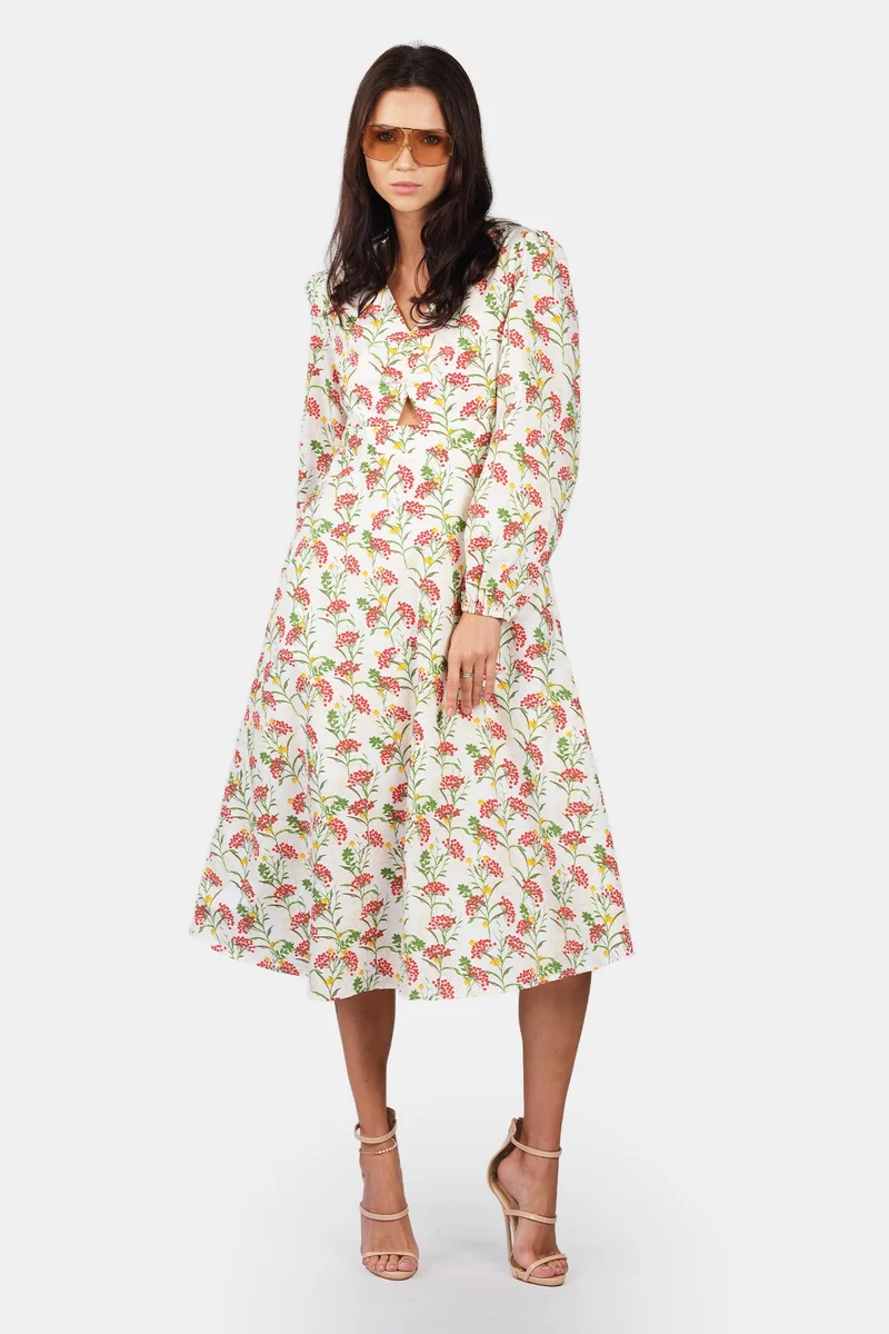 فيرجيو All Over Print Viscose Bishop Sleeve Print Dress for Women