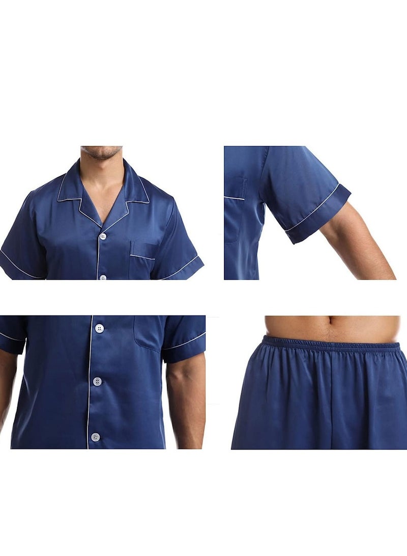 MARGOUN Mens 2pcs Summer Soft Pyjamas Set Short Sleeve Button Down Shirt With Boxer Shorts Blue Small (Shirt Length 28''/Shirt Chest 21''/Pajama Length 18''/Pajama Waist 27'') - Image 5