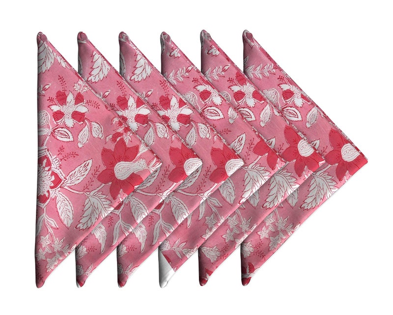 AVKA Studio Cotton Dinner Napkins 18x18 inches Washable Cloth Napkins Set of 6 Everyday Use or Dinner Party and Events Pink Lighweight Indian Block Printed Fabric