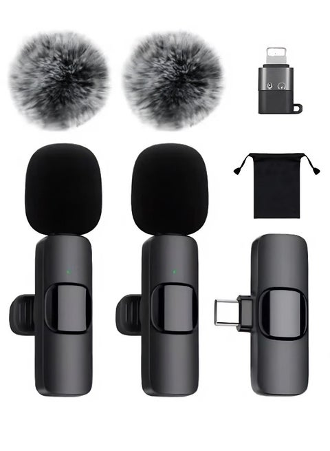 Wireless Lavalier Microphone For Type-C Phones - Plug And Play Wireless Microphone With 2 Microphones For Usb-C Android Phones And Iphones Video Recording - Interviews - Vlog - Auto Sync And Noise Reduction - 2.4 Ghz - Black