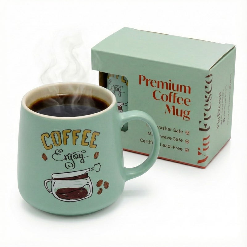 VIN FRESCO 12 oz Ceramic Coffee Mug Microwave Safe with Wide Bottom - Dishwasher Safe Coffee Cup - Thick and Cozy Mug for Coffee, Tea, Hot Chocolate, and More (Green) - Image 1