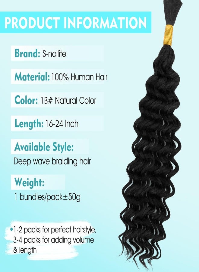 S-noilite Human Braiding Hair for Boho Braids 100% Unprocessed Brazilian Virgin Bulk Hair 1 Bundles/Pack 50g 16 Inch Deep Wave Bundles Human Hair for Bohemian Knotless Braids No Weft #1B - Image 2