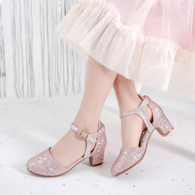 LAURMOSA High Heels for Girls Dress Sandals Flower Girl Shoes for Wedding Party Gold Pumps Closed Toe Ankle Strap Princess Low Heel for Big Kids(L1013Rosegold 3) - Image 2