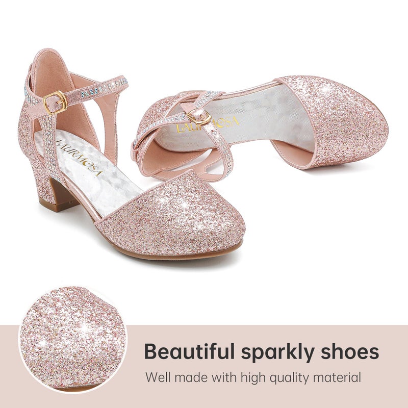 LAURMOSA High Heels for Girls Dress Sandals Flower Girl Shoes for Wedding Party Gold Pumps Closed Toe Ankle Strap Princess Low Heel for Big Kids(L1013Rosegold 3) - Image 3