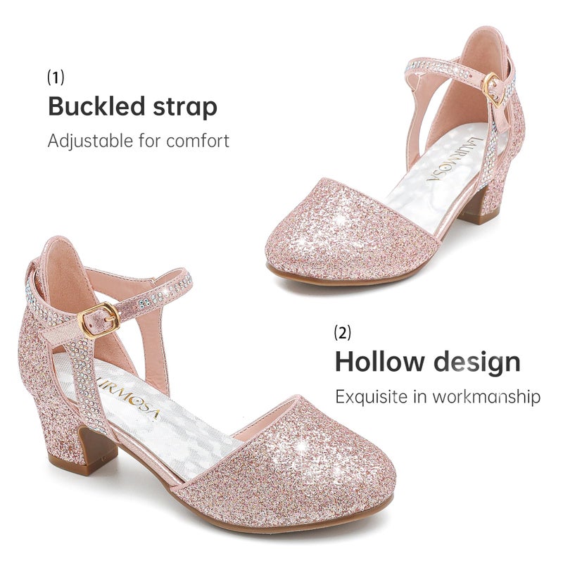 LAURMOSA High Heels for Girls Dress Sandals Flower Girl Shoes for Wedding Party Gold Pumps Closed Toe Ankle Strap Princess Low Heel for Big Kids(L1013Rosegold 3) - Image 5