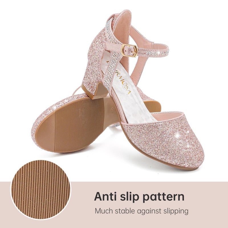 LAURMOSA High Heels for Girls Dress Sandals Flower Girl Shoes for Wedding Party Gold Pumps Closed Toe Ankle Strap Princess Low Heel for Big Kids(L1013Rosegold 3) - Image 4