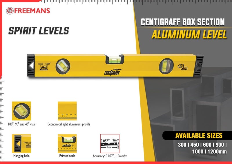 FREEMANS CL345 Centigraff Box Section Aluminium Level and Printed scale with 3 Vials - 45cm - Image 2