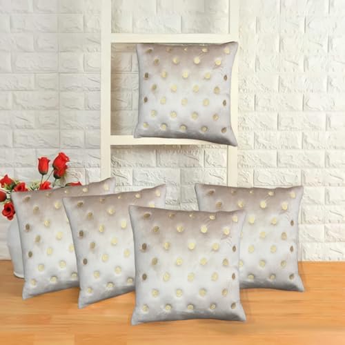 IM FAB Polka Emboridery Velvet Fabric Decorative Throw Cushion Cover 16X16 Set of 5 (Cream) - Image 1