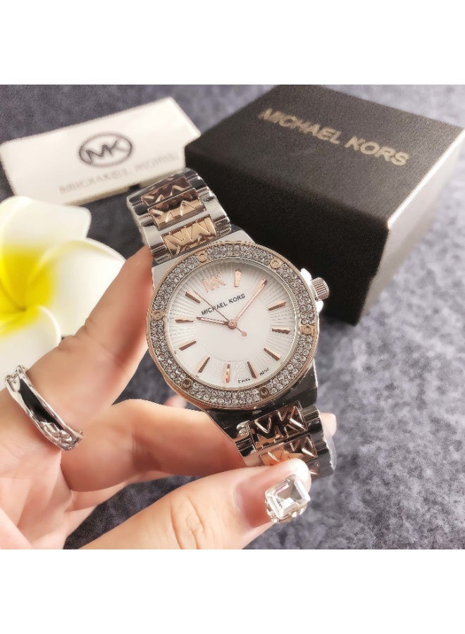 ام كي Michael Kors Women's Two - Tone Watch with Crystal - Embellished Bezel and Logo - Detailed Bracelet