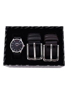 Men's Analog Metal Case Blue Dial Black Leather Strap, Leather Belt Set