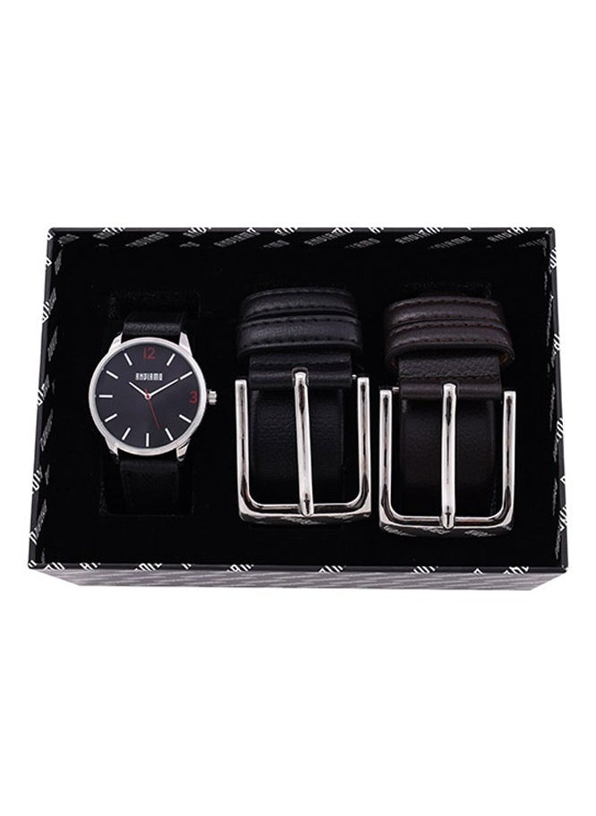 ANDIAMO Men's Analog Metal Case Blue Dial Black Leather Strap, Leather Belt Set 