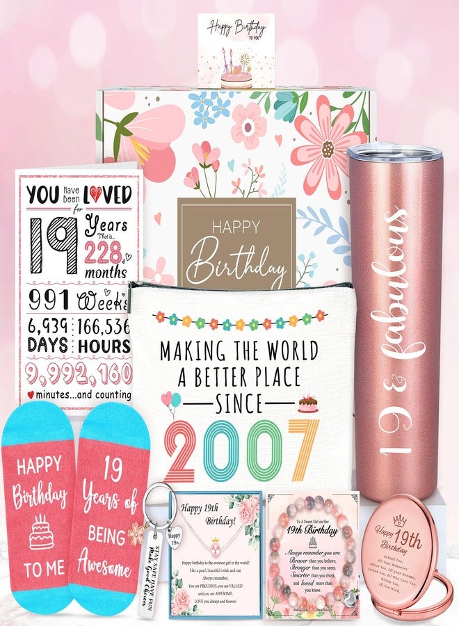 YENCHORN 19 Year Old Girl Birthday Gift Ideas Happy 19th Birthday Gifts for Girls Unique Gifts for 19 Year Old Female, Women, Daughter, College Girls Cool 19th Decorations Gift Box with Tumbler Makeup Bag - Image 1