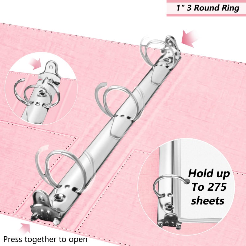 BVSSX 3 Ring Binder, 1 Inch Linen Binders Organizer for Letter Size (8.5" x 11") Paper with 5-Tabs Pockets Dividers, BVSSX Leather Three Ring Binders with Clipboard, Plastic Folder, Pen Loop - Pink Tulips - Image 3