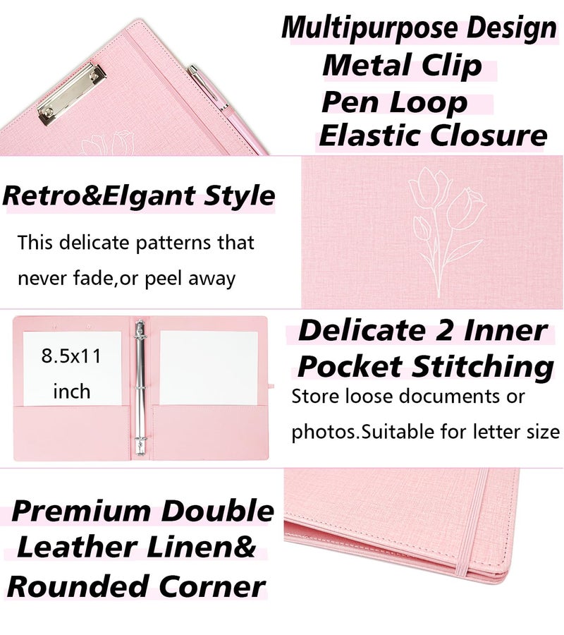BVSSX 3 Ring Binder, 1 Inch Linen Binders Organizer for Letter Size (8.5" x 11") Paper with 5-Tabs Pockets Dividers, BVSSX Leather Three Ring Binders with Clipboard, Plastic Folder, Pen Loop - Pink Tulips - Image 4