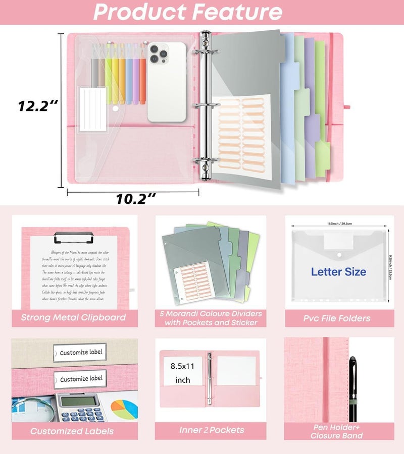 BVSSX 3 Ring Binder, 1 Inch Linen Binders Organizer for Letter Size (8.5" x 11") Paper with 5-Tabs Pockets Dividers, BVSSX Leather Three Ring Binders with Clipboard, Plastic Folder, Pen Loop - Pink Tulips - Image 2