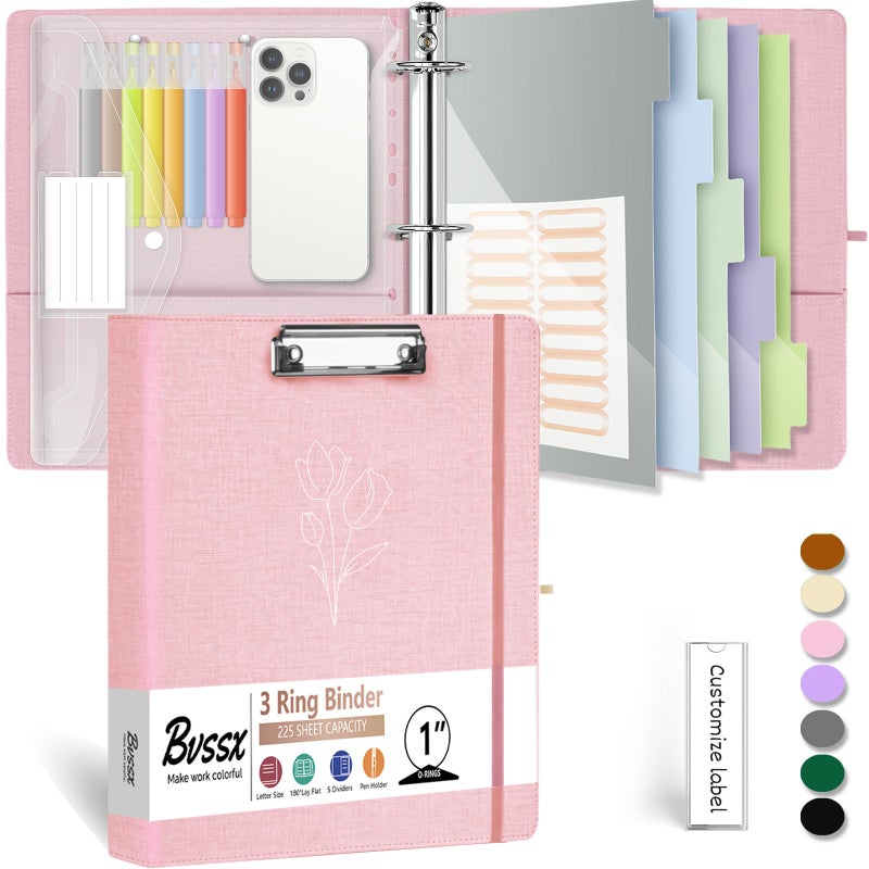BVSSX 3 Ring Binder, 1 Inch Linen Binders Organizer for Letter Size (8.5" x 11") Paper with 5-Tabs Pockets Dividers, BVSSX Leather Three Ring Binders with Clipboard, Plastic Folder, Pen Loop - Pink Tulips - Image 1