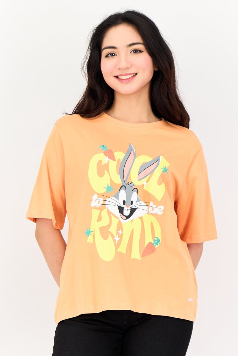 ONLY Looney Tunes x Only Women Crew Neck Short Sleeve Graphic Print T-shirts, Orange - Image 1