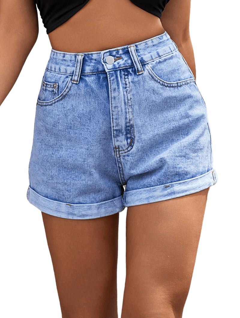 SweatyRocks Women's High Rise Hem Straight Leg Roll Up Denim Jean Shorts with Pocket Light Wash Medium - Image 1