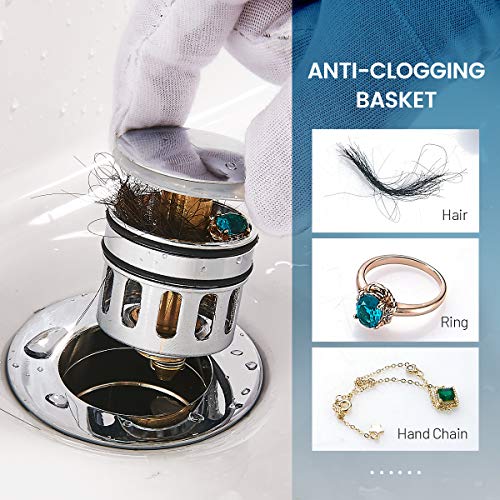 REGALMIX Pop Up Drain, Bathroom Faucet Vessel Vanity Sink Drain Stopper, Built-in Anti-Clogging Strainer, Polished Chrome Without Overflow,Fits Standard American Drain Hole(1-1/2" to 1-3/4") R085A-CP - Image 4