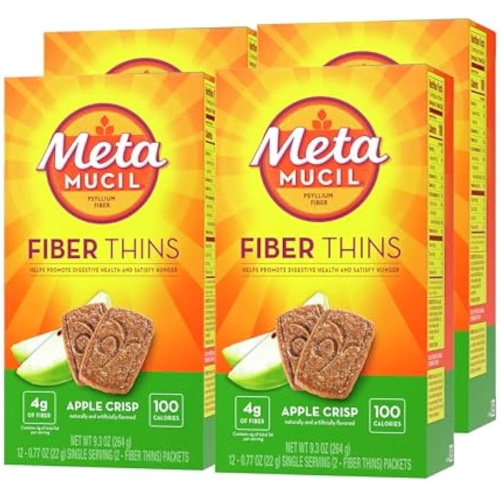 Metamucil, Fiber Thins, Daily Psyllium Husk Fiber Supplement, Supports Digestive Health and Satisfies Hunger, Apple Crisp Flavor, 48 Total Servings (4 Packs of 12) - Image 1
