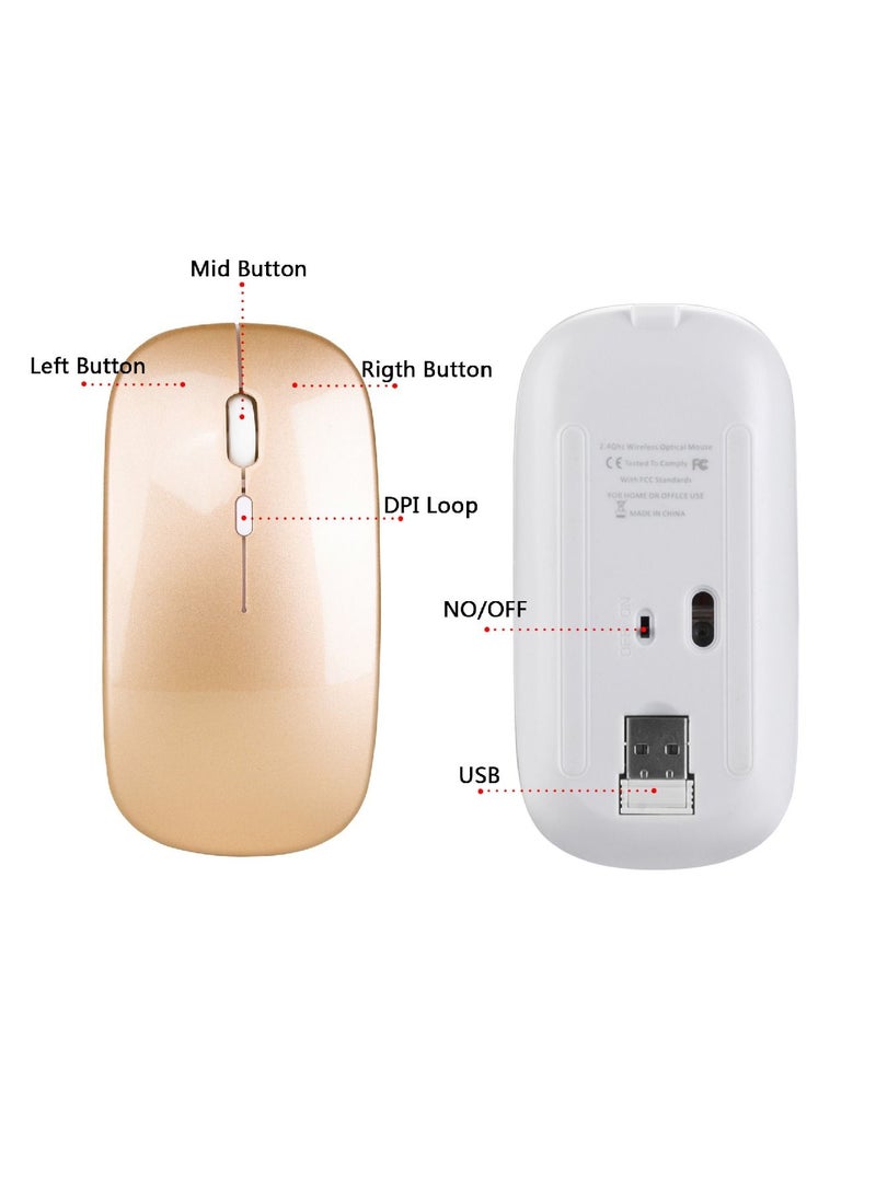 HXSJ M80 2.4 Ghz Wireless 1600Dpi Three Speed Adjustable Optical Mute Mouse Gold  - Image 4