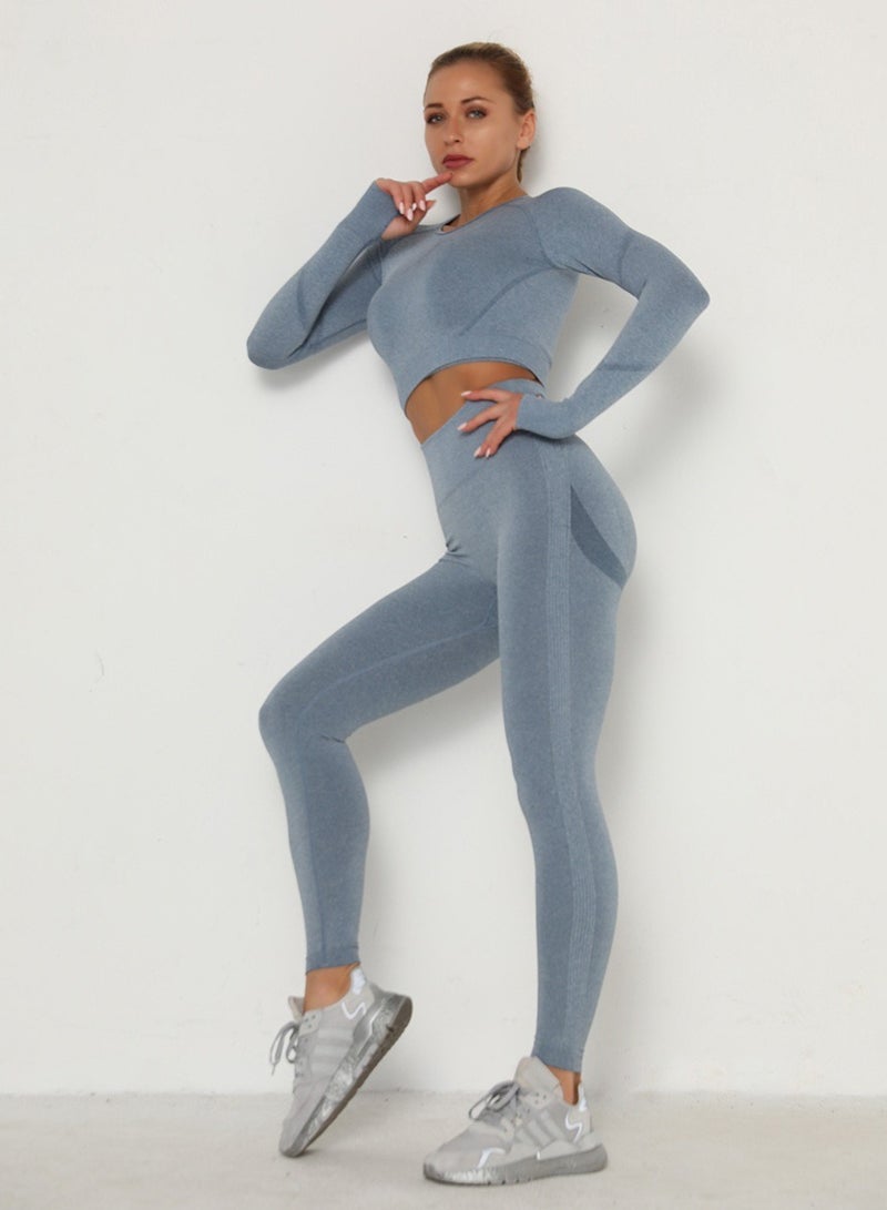 Yoga Tight Fitting Stretch Soft Sets Blue - Image 2
