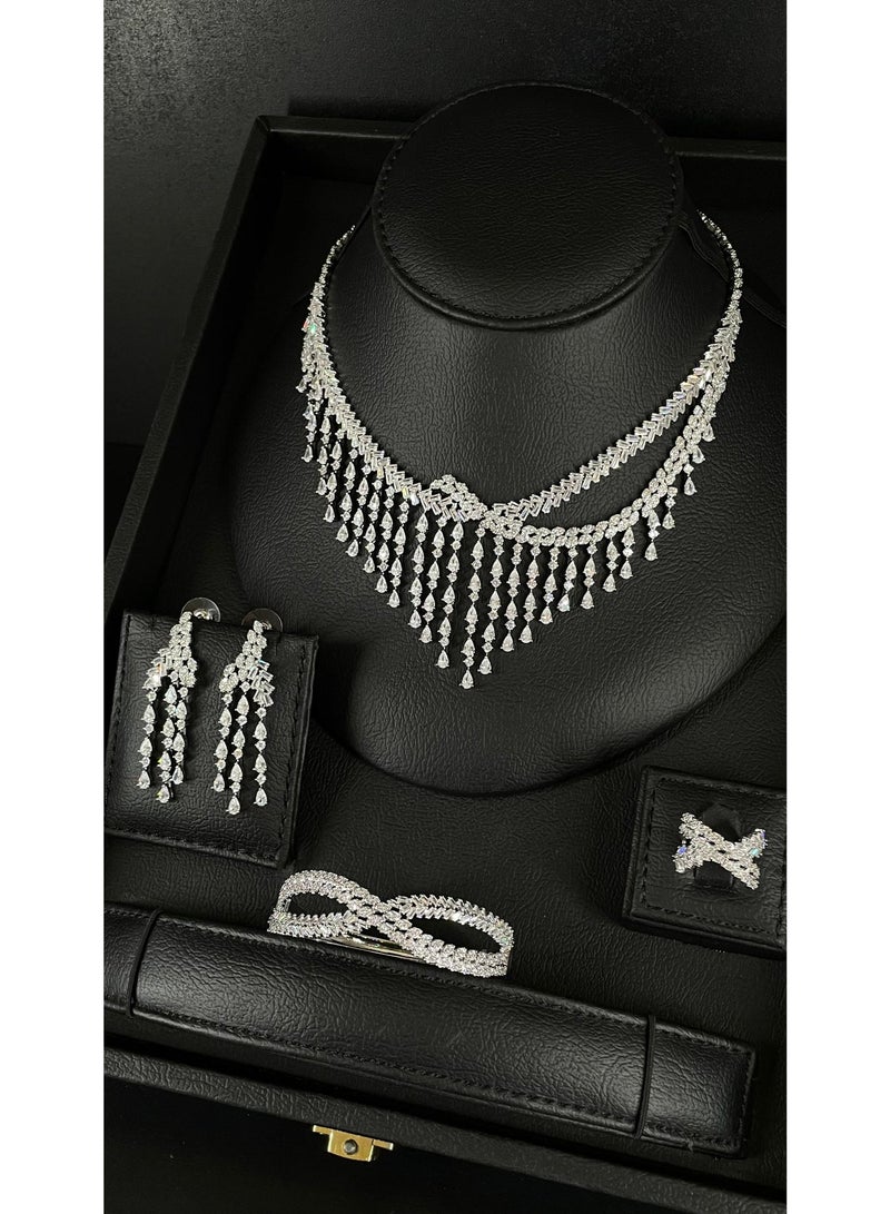 إليسيان طقم مجوهرات كامل فاخر مطلي بالذهب مرصّع بأحجار الزركون – عقد، أقراط، سوار وخاتمv - Image 1