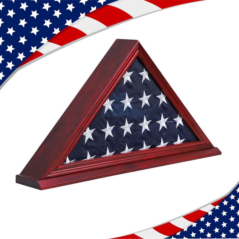 SNAIL Flag Display Case Triangle Military Shadow Box with Flat Base Fits a Folded 5x95 American Veterans Burial Memorial Funeral Flag Real Glass Front Wall Mountable Solid Wood Military Flag Case CHERRY