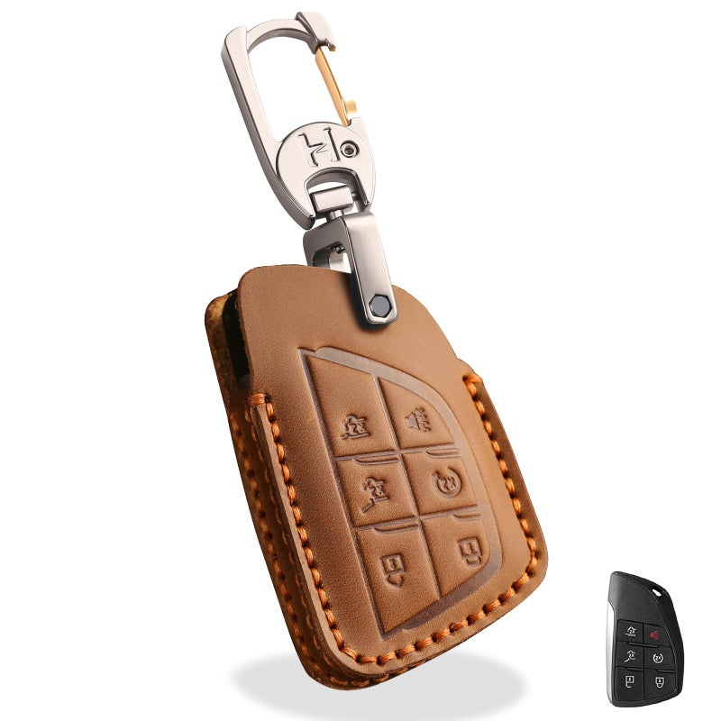 OLLEN Genuine Leather Key Fob Cover 20212026 Fit for GMC Yukon Denali Sierra Chevy Silverado Suburban Tahoe Buick etc Leather Smart Remote Key Protector 6 Buttons Brown