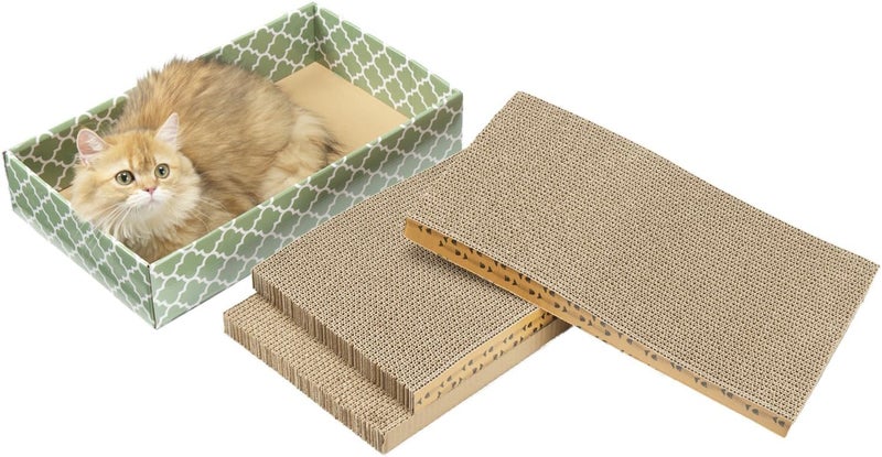 MECOOL Cat Scratching Board，3PC Scratch Pad with Box，Reversible Corrugated Scratcher Cardboard and Lounge Bed for Indoor Cats, Catnip - Image 1