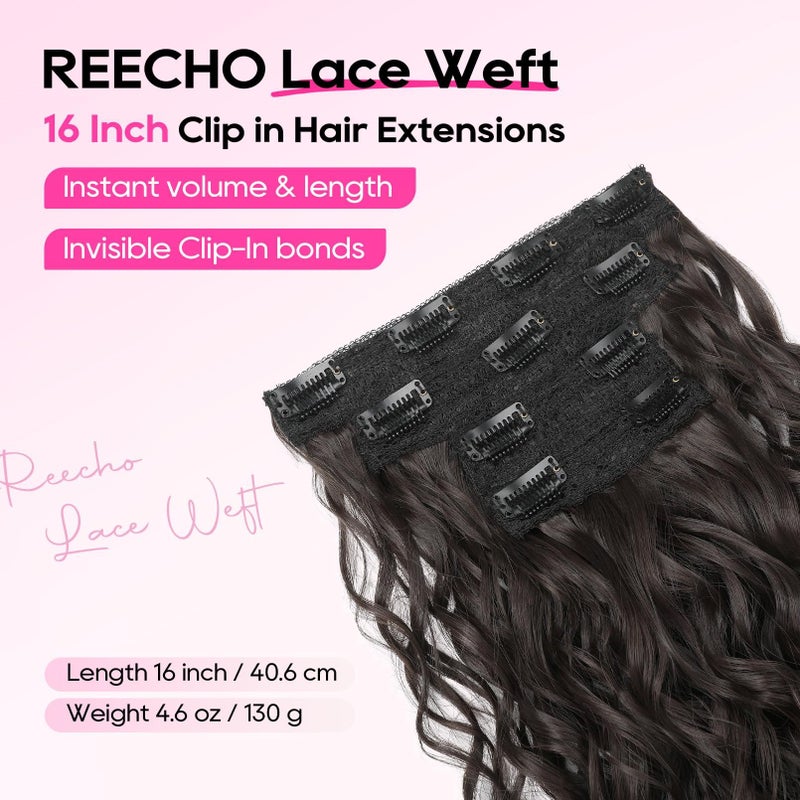 REECHO Curly Hair Extensions, 4PCS 16 inch Clip in Hair Extensions Lace Weft Short Curly Hair Extension Clip Ins Invisible Natural Hairpieces for Women, Off Black - Image 2