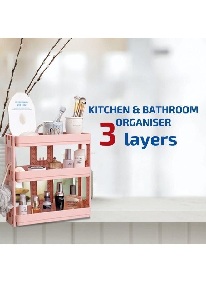 3-Tier Multi-Layer Kitchen & Bathroom Organizer Trolley, Rolling Storage Cart with Wheels, Space-Saving Utility Rack for Kitchen, Bathroom, Laundry & Home Organization (Pink) - Image 2