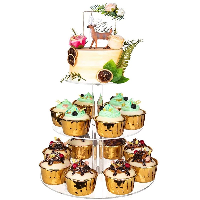YestBuy 3 Tier Round Cupcake Stand, Acrylic Cake stand, Cupcake Tower Stand, Premium Cupcake Holder For 23 Cupcakes, Display for Pastry Wedding Birthday Party (4.7" between 2 layers) - Image 1