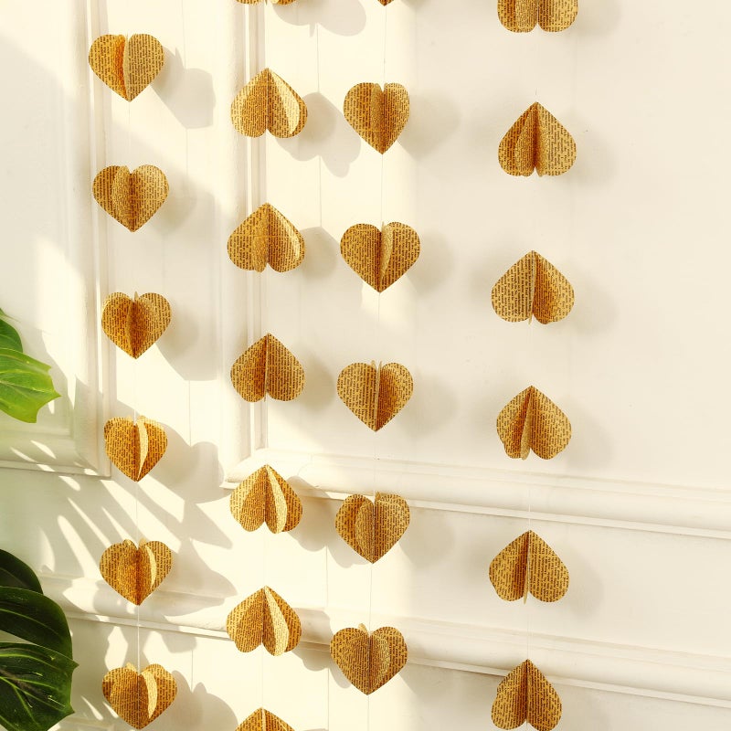 SLZBCY 4 Pack 3D Heart Garland Vintage Pages Recycled Book Garland Newspaper Bunting Party Nursery Strand String Banner Wedding Holiday Christmas Decorate (Vintage Heart) - Image 2