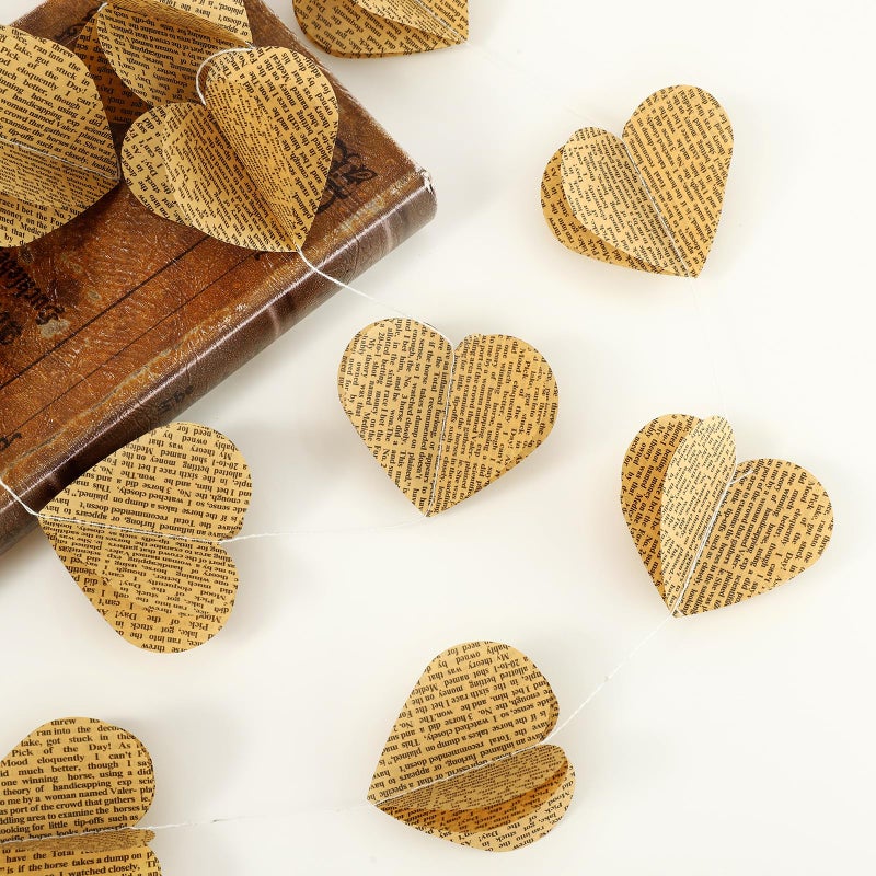 SLZBCY 4 Pack 3D Heart Garland Vintage Pages Recycled Book Garland Newspaper Bunting Party Nursery Strand String Banner Wedding Holiday Christmas Decorate (Vintage Heart) - Image 1