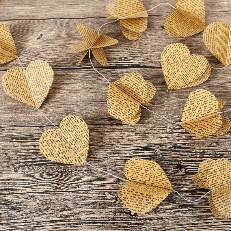 SLZBCY 4 Pack 3D Heart Garland Vintage Pages Recycled Book Garland Newspaper Bunting Party Nursery Strand String Banner Wedding Holiday Christmas Decorate (Vintage Heart) - Image 5