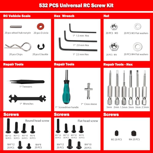 Kimapeso RC Car Repair Work Stand 532 PCS RC Repair Screws Set Kit 360 Degree Rotation RC Repair Station Screwdrivers Screws Pallet Kit for 18 110 112 116 118 RC Crawler Truck Buggy - Image 5