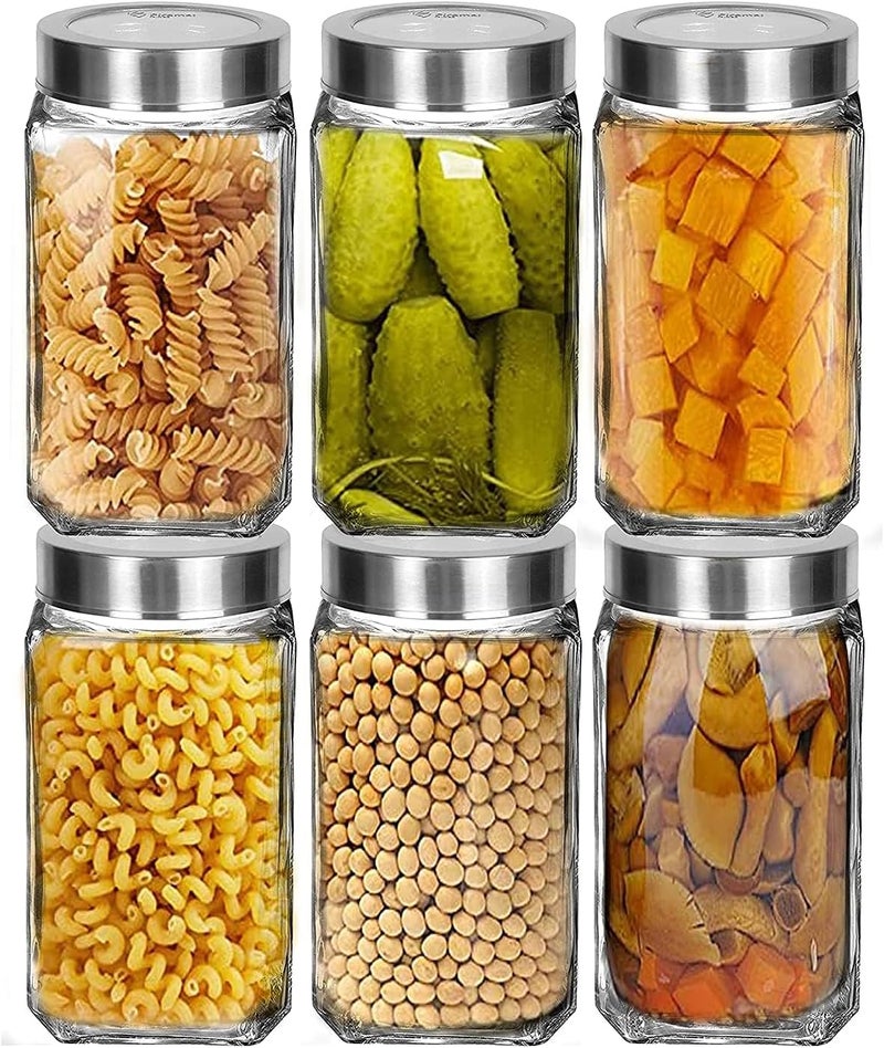 Vency Glass Square Shape Transparent Glass Jars & Containers for Kitchen Pantry, Snacks, Masala, Pickles, Dry Fruits, Coffee Beans Storage with Black Color Plastic Lid (Set Of 6) (1000ml Steel Cap) - Image 2