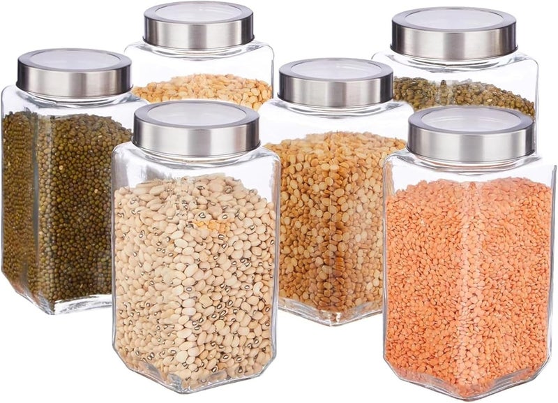 Vency Glass Square Shape Transparent Glass Jars & Containers for Kitchen Pantry, Snacks, Masala, Pickles, Dry Fruits, Coffee Beans Storage with Black Color Plastic Lid (Set Of 6) (1000ml Steel Cap) - Image 1