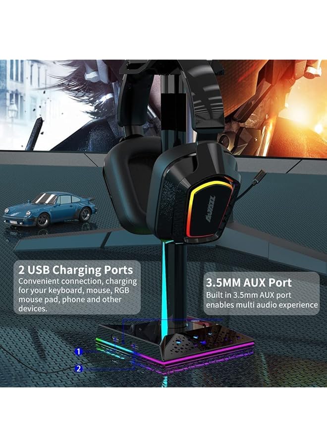 Arabest Rgb Gaming Headset Stand With 3.5Mm Aux And 2 Usb Ports Touch Control 10 Lighting Modes Headset Stand For Pc Gamers Desktop Accessories Black  - Image 3