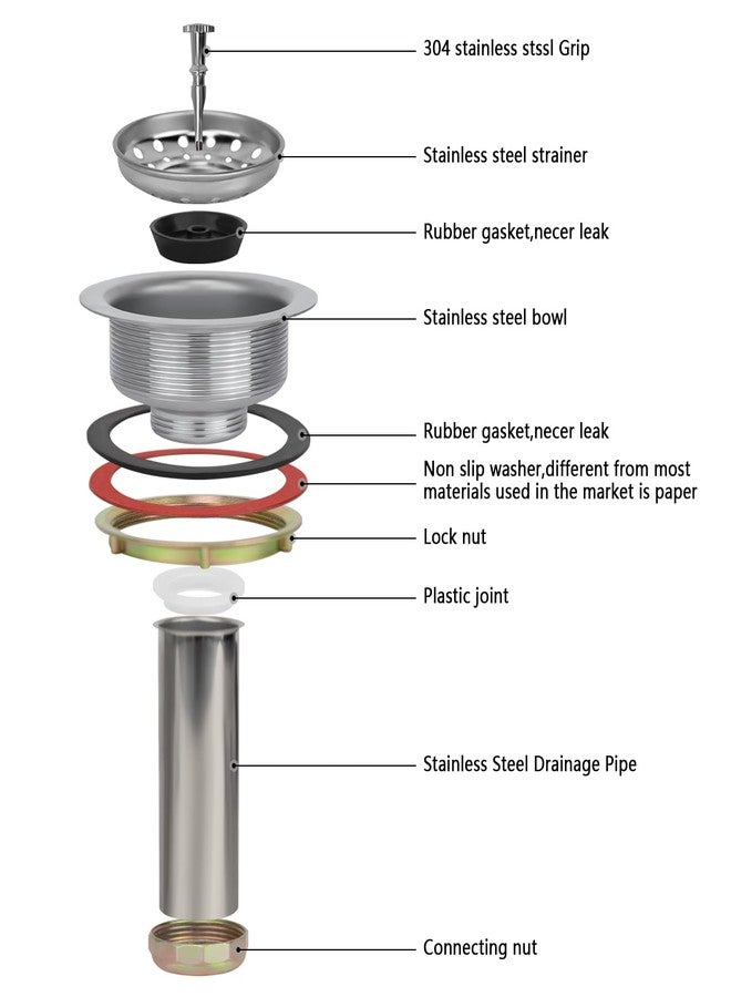Uni-Green Kitchen Sink Drain Kit for Standard 3-1/2 inch Drain - Fit 1-1/2 inch Pipe - Stainless Steel Basket with Knob - Rubber Stopper Bottom - 3.5" Kitchen Sink Drain Strainer Replacement Kit - Image 2