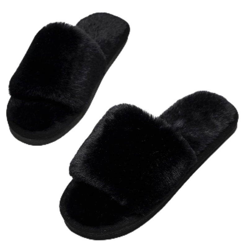 Crazy Lady Women's Fuzzy Fluffy House Slippers Cozy Cute Open Toe Memory Foam Breathable Indoor Outdoor Anti-slip Sandals(PMBlack38) - Image 1